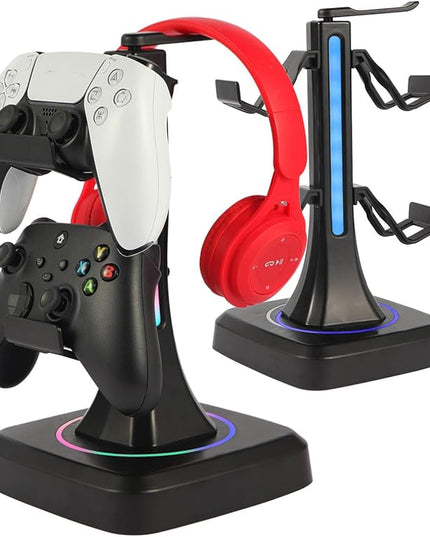 Controller Headset Stand with 10 Color Light Modes - RGB Headphone Holder for PS5, Xbox, Switch - Gaming Room Decor, Desk Organizer for Gamers