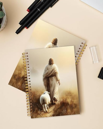 Christian Jesus and Lamb Spiral Journal Notebook 5.5x8.3in, Religious Prayer Journal for Woman, Jesus Leaves the 99 Sheep Notebooks for Note Taking, Christian Church Hardcover Notebook