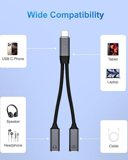 USB C Splitter，2 in 1 USB C Headphone and Charger Adapter Audio Dongle Cable with PD 100W for iPhone 16 15 Pro Max, Pixel 9 8 7, Galaxy S24 S23 S22, iPad Pro