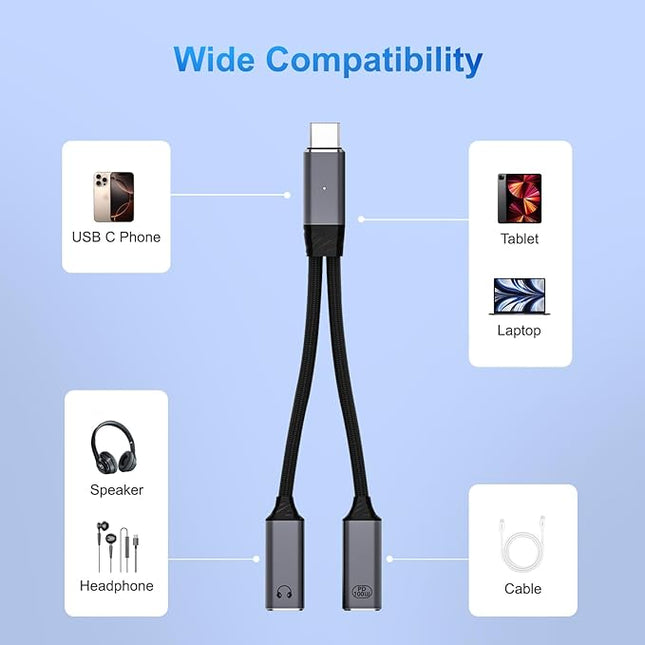 USB C Splitter，2 in 1 USB C Headphone and Charger Adapter Audio Dongle Cable with PD 100W for iPhone 16 15 Pro Max, Pixel 9 8 7, Galaxy S24 S23 S22, iPad Pro