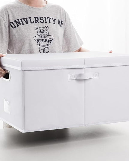 PRANDOM Collapsible Storage Box with Lid [1-Pack] Leather Fabric Foldable Storage Bin Organizer Container Basket Cube with Cover for Home Bedroom Closet Office Nursery White (22.8X15.7X11.8)