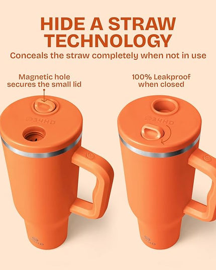 34HD 40 oz Stainless Steel Tumbler - Leakproof Insulated Water Bottle with Handle, Magnetic Lid and Flexible Straw - Iced for 48 Hours – Perfect for Men, Women, Birthday Gift, Orange - Tangerine Glow
