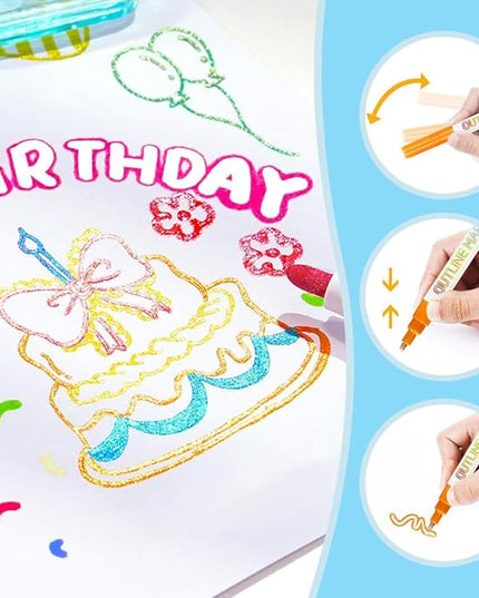 Dual-Line Highlighter, Double Line Outline Pen Sparkle Markers Colorful Art Pens for Writing, Scrapbooking, Coloring and, Journal Drawing, Greeting Cards (8 pcs)