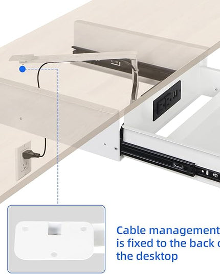 Lumil Under Desk Mounted Drawer Lockable with 3 Prong Extension Cord 10 FT with Multiple Outlets and Foldable Cable Management Arm for Office Desk 15.7" (W) x 15.7" (D) x 4.4" (H), White