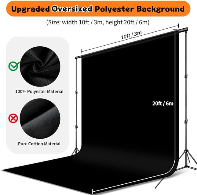 Black Backdrop, 10x20 ft Large Photo Backdrop Curtain for Photoshoot, Party, Black Background Screen for Photo, Video Photography, Studio