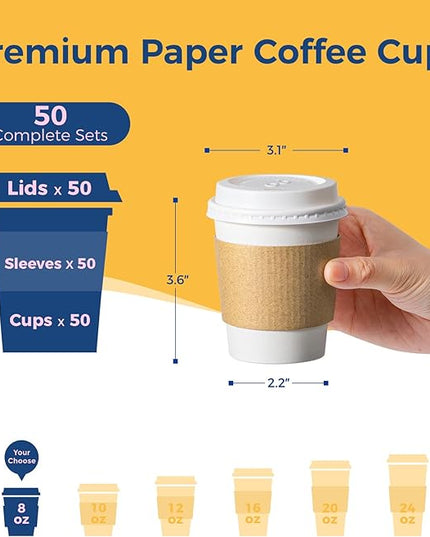 Fit Meal Prep 50 Pack 8 oz Disposable Coffee Cups with Lids, Sleeves, Leak-Proof To Go Coffee Cups with Lids, Durable Hot Paper Cups for Home, Office, Party, Business