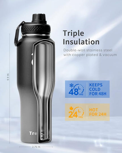 Trebo Water Bottle 32oz with Paracord Handle,Food-grade Double Wall Vacuum Stainless Steel Insulated Tumbler Flask with Straw Spout Lids,Leakproof Keep Cold & Hot,Fit in Any Car Cup Holder,Dark Gray