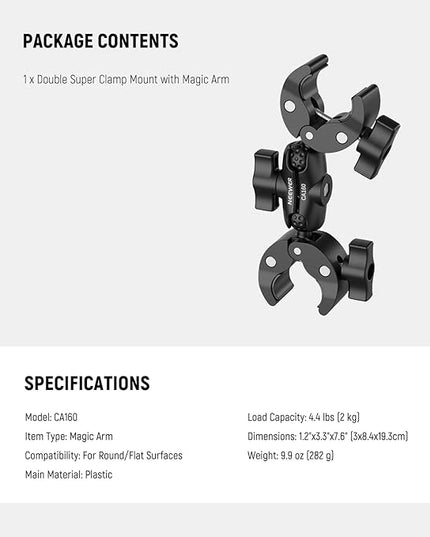 NEEWER Double Super Clamp Mount with Magic Arm, 360° Umbrella Flag Pole Clamp Holder for Desk Photo Studio Light Stand Photography Reflector Scrim Cross Bar Motorcycle Handlebar Stroller Chair, CA160