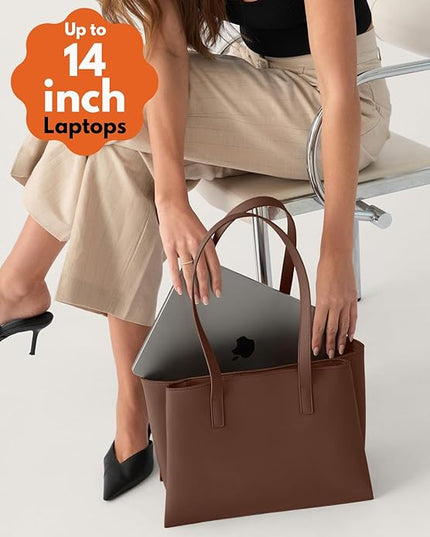 Work Tote Bags for Women 14 Inch - Work Bag Laptop Bag with Zip Compartments - Large PU Leather Office Computer Briefcase