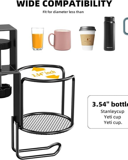2 in 1 Desk Cup Holder with Headphone Hanger Holder, Anti-Spill Clip-On Table Cup Hook with 360° Rotation for Lawn Chair, Office Home Gaming Table (1 Pack)