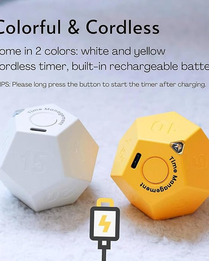 Mini 12 Sided Cube Timer, 11 Preset Times Pomodoro Timer for Enhanced Productivity. Ideal for ADHD Management, Workout, Study & Kitchen Cooking. Easy to Use (Yellow)