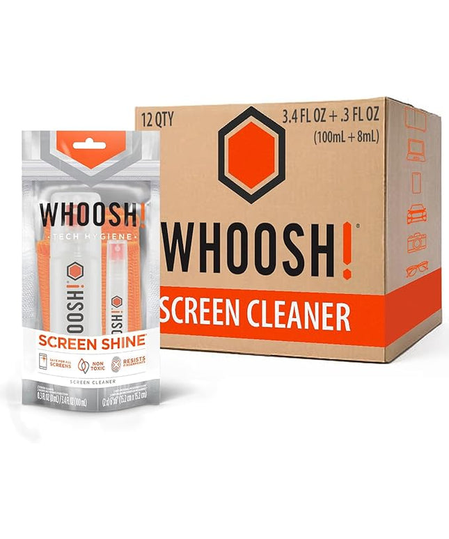 WHOOSH! Laptop Screen Cleaner Spray and Wipe [Set of 12] - 3.4 + 0.3 fl oz + 2 Microfiber Cloths - Duo with Large & Travel Size Bottles for Eyeglass Cleaner & Car Screen Cleaner- iPhone Cleaning Kit