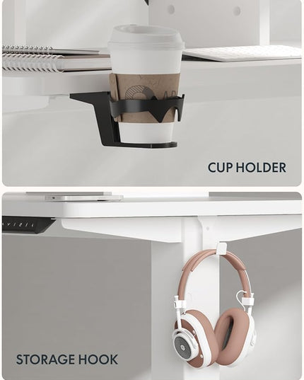 FLEXISPOT 63 x 32 Inch Large Standing Desk, Stand Up Desk with Splice Board, Rising Desks for Home Office, Office Desk with Cup Holder and Headphone Hook (White Frame + White Top, 2 Packages)