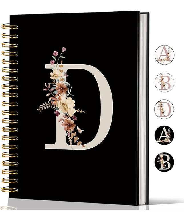 Lacama Black Initial Letter D School Notebook Journal, Aesthetic Wildflower Personalized Spiral Notebook, School Supplies, Customized Monogrammed Gifts, Birthday Gifts for Women, Office Supplies