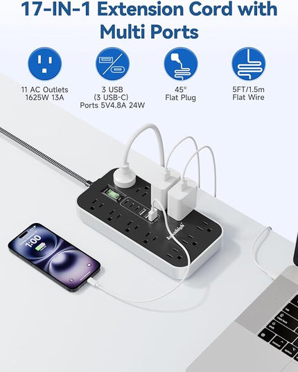 20 FT Extension Cord with USB Ports- Power Strip with USB, 1625W Multi Outlet with 11 AC Outlet 6 USB (24W/4.8A), Charging Station for Multiple Devices, for Home, Office, Dorm, Gaming Room Essentials