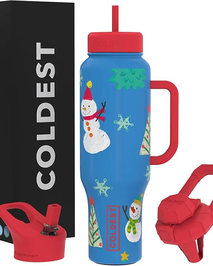 Coldest Tumbler with Handle and Straw, 100% Leak Proof Insulated Tumbler with Lid and Straw (3 Lids), Stainless Steel Tumblers for Women & Men, Cup Holder Friendly Base, 46 oz (Mr. Snowie)