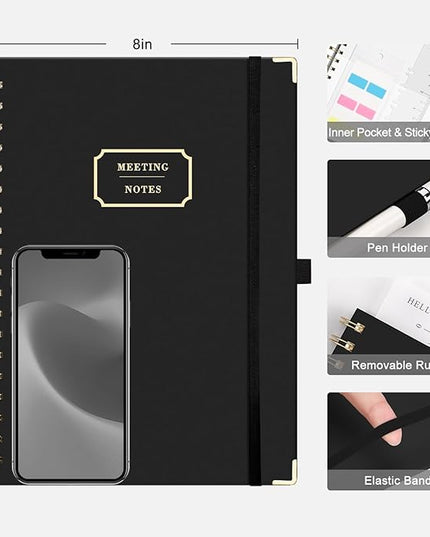 EMSHOI Meeting Notebook for Work - B5 Half Meeting Half Note Planner, 100 Pages, 100GSM Thick Paper, Hardcover, Project Organizer for Women Men Office, Business, Note Taking, 8"x10.2" - Black