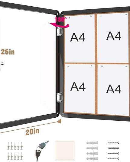Mifuro 26"x20" Enclosed Bulletin Board, Lockable Weather-Resistant Aluminum Cork Noticeboard for School & Office, Black Frame w/Cork