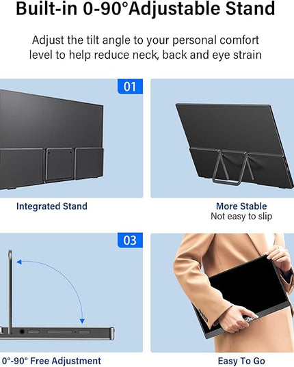 InnoView Portable Monitor 15.6" 1080P for Laptop with Protective Sleeve, Built-in 90° Adjustable Stand USB C HDMI Ultra-Slim Portable Laptop Monitor for MacBook Phone PS Xbox Switch