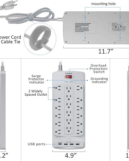 18 Outlets Surge Protector Power Strip - 6 Feet Flat Plug Heavy Duty Extension Cord with 18 Widely Outlets and 4 USB Ports, 2100 Joules, Grey, ETL Listed