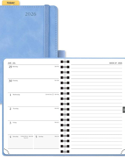 POPRUN 2026 Planner Weekly Notebook (Jan-Dec), Small Size 4''x 6.25'' - 2026 Pocket Calendar for Purse with Spiral Soft Cover, Plastic Ruler, Inner Pocket, 100 GSM - Cerulean Blue