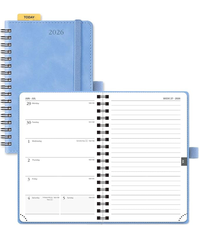 POPRUN 2026 Planner Weekly Notebook (Jan-Dec), Small Size 4''x 6.25'' - 2026 Pocket Calendar for Purse with Spiral Soft Cover, Plastic Ruler, Inner Pocket, 100 GSM - Cerulean Blue