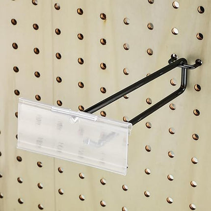 Tandefio 50 Pack 4 Inch Black Metal Peg Board Hooks with Clear Plastic Label Holder Stainless Steel Display Pegboard Hooks for 1/8'' to 1/4'' Pegboard Wall for Garage Storage Retail Shop Supplies