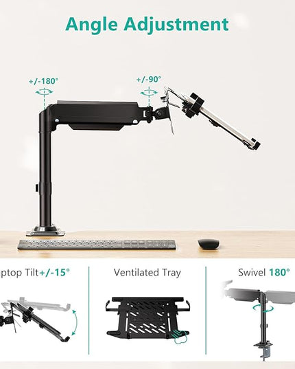 WALI Laptop Tray Desk Mount, Laptop Arm Mount Fits 10-15.6 Inch Notebook, 2-in-1 Gas Spring Monitor Arm for 17-32 Inch Computer Screen, Holds up to 22lbs(GSDM00LP), Black
