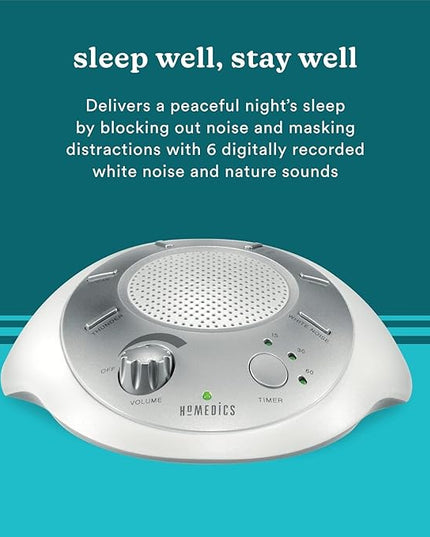 Homedics SoundSleep White Noise Machine, Silver, Small Travel Device with 6 Relaxing Nature Sounds, Portable Therapy for Home, Office, Nursery, Auto-Off Timer