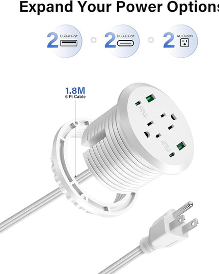 Desktop Power Grommet 3-inch Hole,40W Total Fast Charging Station, 2 PD 20W USB C Port,Flush-Mount Recessed Power Strip, 2 AC Outlets,4 USB Ports,in to The Top of Your Desk,6ft Cord