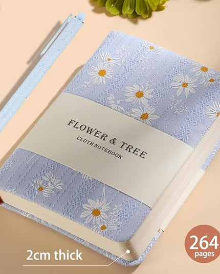 Daisy Gifts for Women, A6 Pocket Notebook, Floral Fabric Journal, 4x6 Lined Notebook & Blank Sketchbook, Cute Small Notebook, Daisy Floret Blue Journal, Gift for Girls.