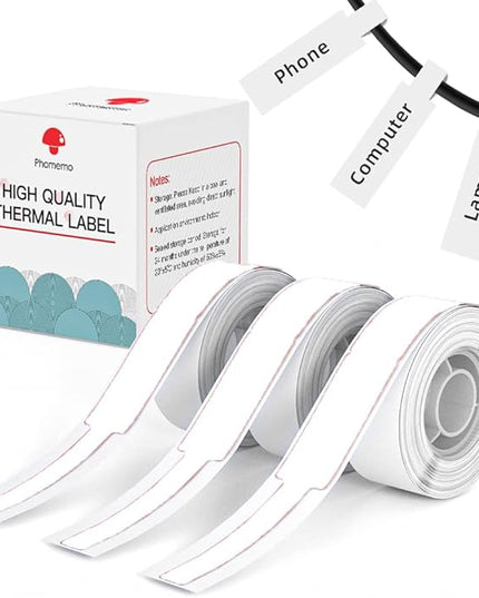 Phomemo D30 Label Maker Tape Cable Wire Label Tape, Black Print on White Sticker, 12.5mm x 74mm+35mm (3/8" x2 7/8"+1 3/8) Self-Adhesive Thermal Label Tape, 65 Tapes/Roll, 3-Roll
