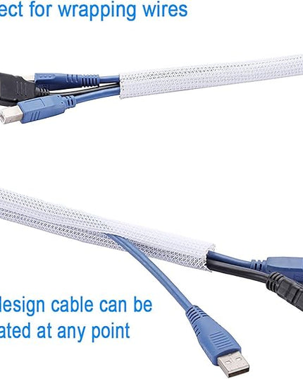 1/4" x50ft Split Sleeve Cable Organizer - Wire Protector Sleeving for Desk, PC, TV, Home Office | Cord Management Cover, Easy Install, White