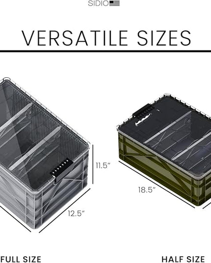 SIDIO CRATE Pro Pack - Two Full Size and One Half Size Heavy Duty Stackable Storage Bins, Totes and Containers with Lids and Dividers - Durable Organizer for Home, Office, Garage, and Outdoor Use