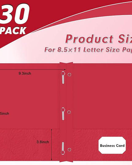 Two Pocket Folders, PANDRI 30 Pack Two Pocket Folders with Prongs, 3 Prong Folders Designed for Office and Classroom, Letter Size Red