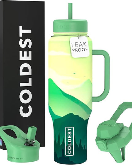 Coldest Tumbler with Handle and Straw - 100% Leak Proof Insulated Tumbler with Lid and Straw (3 Lids) - Stainless Steel Tumblers for Women & Men - Cup Holder Friendly Base, 46 oz (Happy Camper)