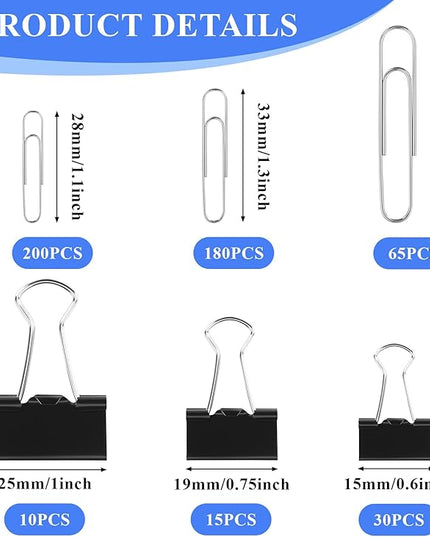 SANNIX 500Pcs Paper Clips and Binder Clips Assorted Sizes, Silver Paper Clips Black Binder Clips with Large Medium Small Size in Container for Office Home School Supplies Document Organizing
