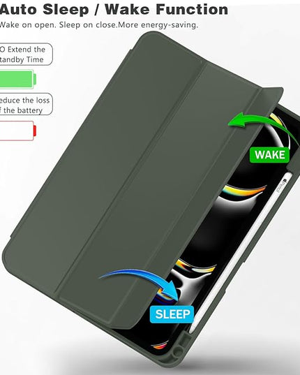 ZryXal iPad Pro 11 Inch Case (M5) 2025/ (M4) 2024 (Model: A2836/A2837/A3006), Trifold Stand Smart Cover with Pencil Holder and Soft TPU Back, Auto Wake/Sleep (Dark Green)