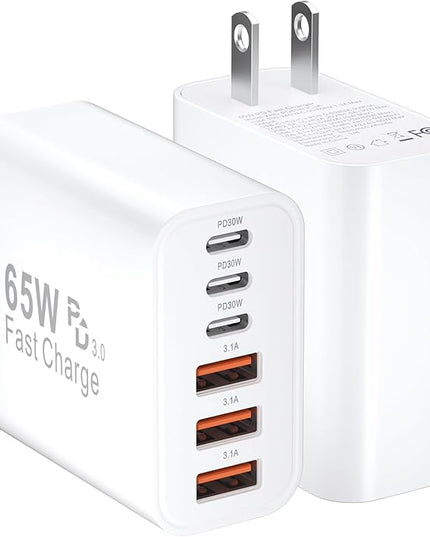 USB C Charger Block Fast Charging, iPhone Charger Blocks 65W Multi Port Charger 6-Ports PD & QC Charging Cube Brick Power Adapter Type C Wall Chargers for iPhone 17/16/15/14/13/12 Pro Max, iPad