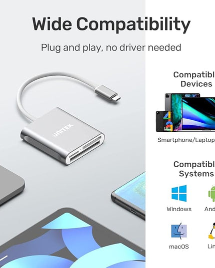 Unitek USB C SD Card Reader, Aluminum 3-Slot USB 3.0 Type-C Flash Memory Card Reader for USB C Device, Supports SanDisk Compact Flash Memory Card and Lexar Professional CompactFlash Card - Grey