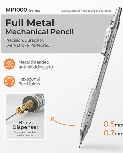Nicpro 2 PCS Mechanical Pencil 0.5mm & 0.7 mm with Case, MP1000 Metal Artist Pencil Set with 4 Tubes HB Lead Refills, 2 Erasers, 9 Eraser Refills For Art Writing Drafting, Drawing, Sketch, Silver
