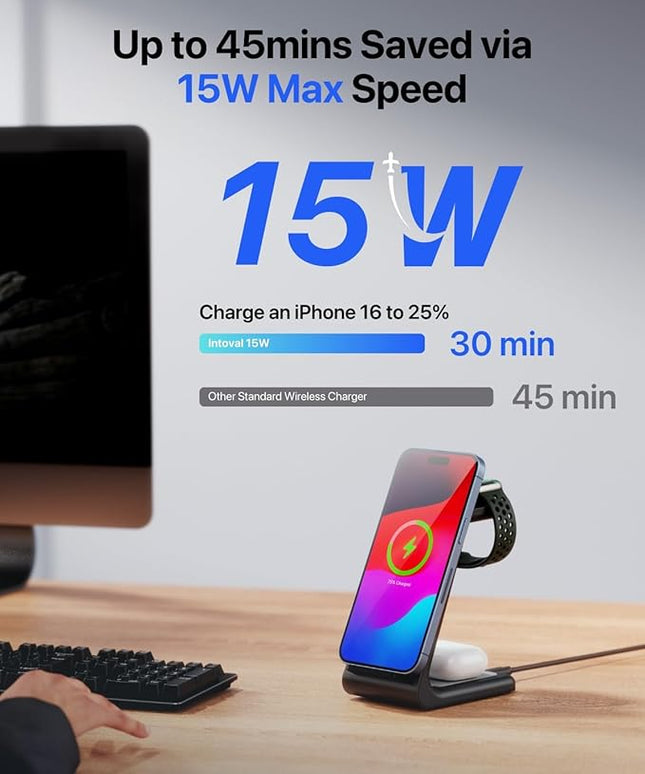 Intoval 3 in 1 Wireless Charging Station for iPhone and Apple Watch,Fast Wireless Charger Stand,Compact Desk Charging Dock for iPhone17 16 15 14 13/Pro/Max, iWatch11 10 9 Ultra/SE 3/4,AirPods