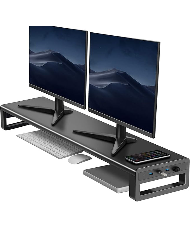 Vaydeer Dual Monitor Stand Computer Riser with USB 3.0 Hub Ports, Double Metal Stand for 2 Computer, TV, PC, Printer, Multi Media Speaker, Multifunctional Desktop Organizer