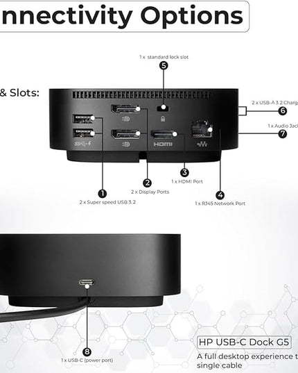 HP Docking Station for Laptop Dual Monitor and Charging Bundle - HP USB-C G5 Dock 5TW10AA / 5TW10UT / 5TW10AA#ABB with 120W Adapter, HDMI, DisplayPort, USB-C Cables & Microfiber Cleaning Cloth