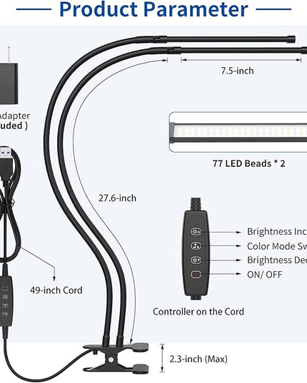 iZELL Desk Lamp, [2 LED Tube] Desk Lamps for Home Office with Clamp, Flexible Gooseneck LED Book Light, Easy Clip on Reading Lights for Bedrooms Beside Table Headboard College Dorm Bed Room - Black