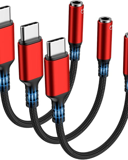 Highwings USB Type C to 3.5mm Female Headphone Jack Adapter, (3-Pack) USB C to Aux Audio Dongle Adapter Compatible for iPhone 15 Pro Max/15 Pro/15 Plus, Samsung Galaxy S23/S22/S21 Ultra,iPad Pro-Red