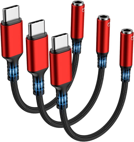 Highwings USB Type C to 3.5mm Female Headphone Jack Adapter, (3-Pack) USB C to Aux Audio Dongle Adapter Compatible for iPhone 15 Pro Max/15 Pro/15 Plus, Samsung Galaxy S23/S22/S21 Ultra,iPad Pro-Red