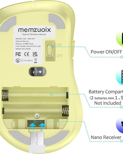 memzuoix 2.4G Wireless Mouse, 1400 DPI Computer Mice USB Receiver, Portable Wireless USB Mouse Battery Powered Cordless Mice for Laptop, PC, Desktop, 5 Buttons (Light Yellow)