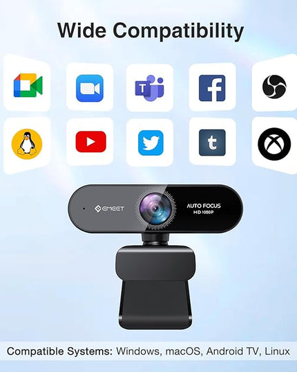 1080P Webcam with Microphone, eMeet Nova AutoFocus HD Webcam, 96°View Web Camera w/ 2 De-Noise Mics for Laptop/Desktop, Plug & Play USB Streaming Computer Camera for Conference/Calling/Teaching/Gaming
