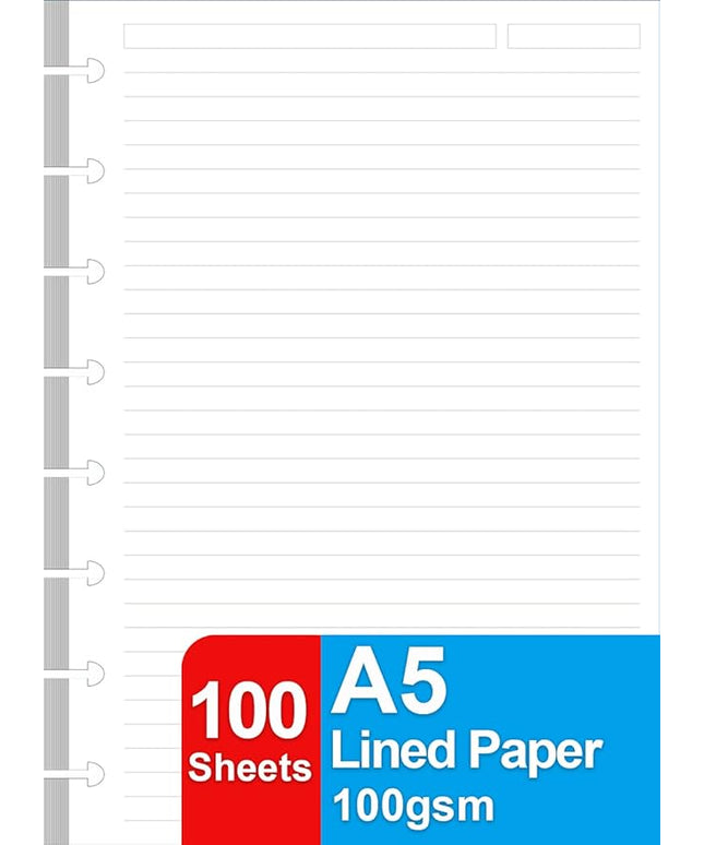 A5 TUL Discbound Lined Refill Paper, Junior Size 8 Disc Disbound Notebooks, 100Sheets/200Pages, 100gsm White Paper, 5.8'' x 8.2''